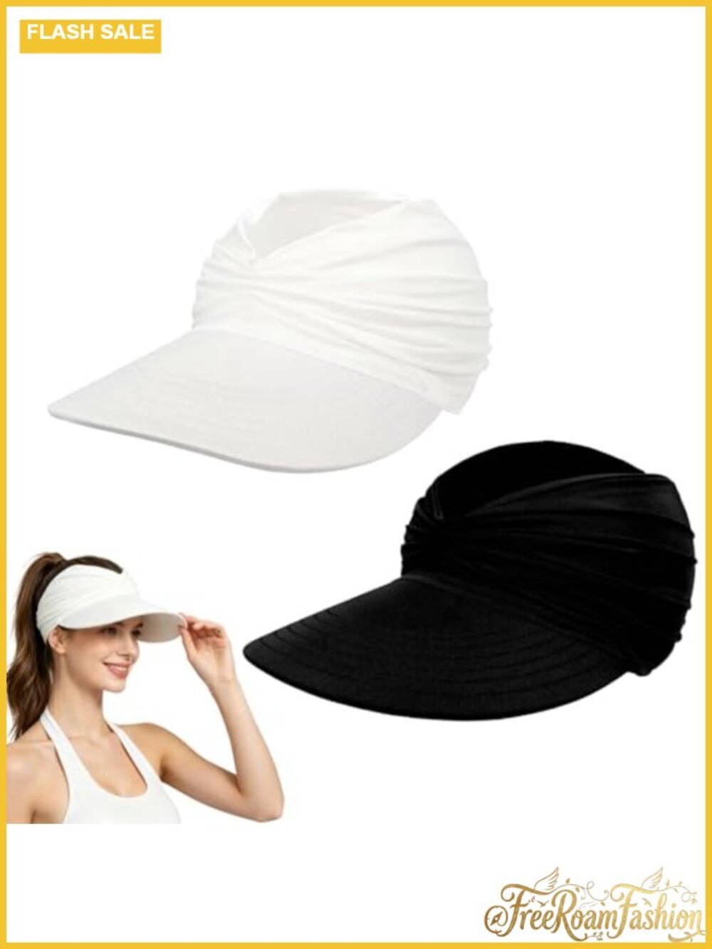 2PCS Women's Wide Brim Sun Visor Hat UPF 50+ Foldable Ponytail Hat